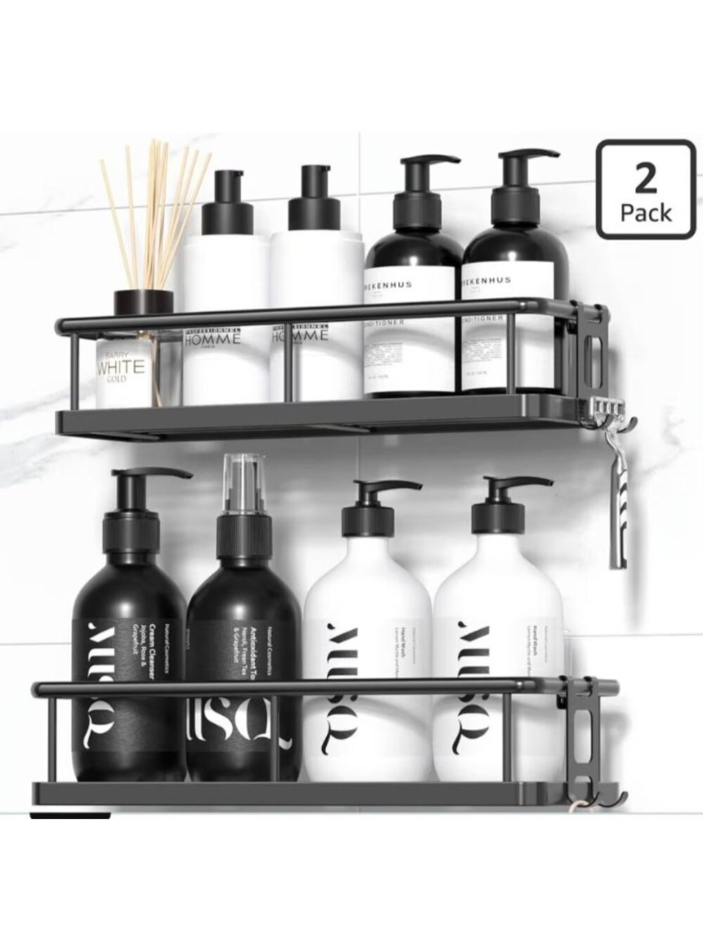Shower Caddy Adhesive 2-Pack Rustproof No-Drill Bathroom Organizer Shelves Blac